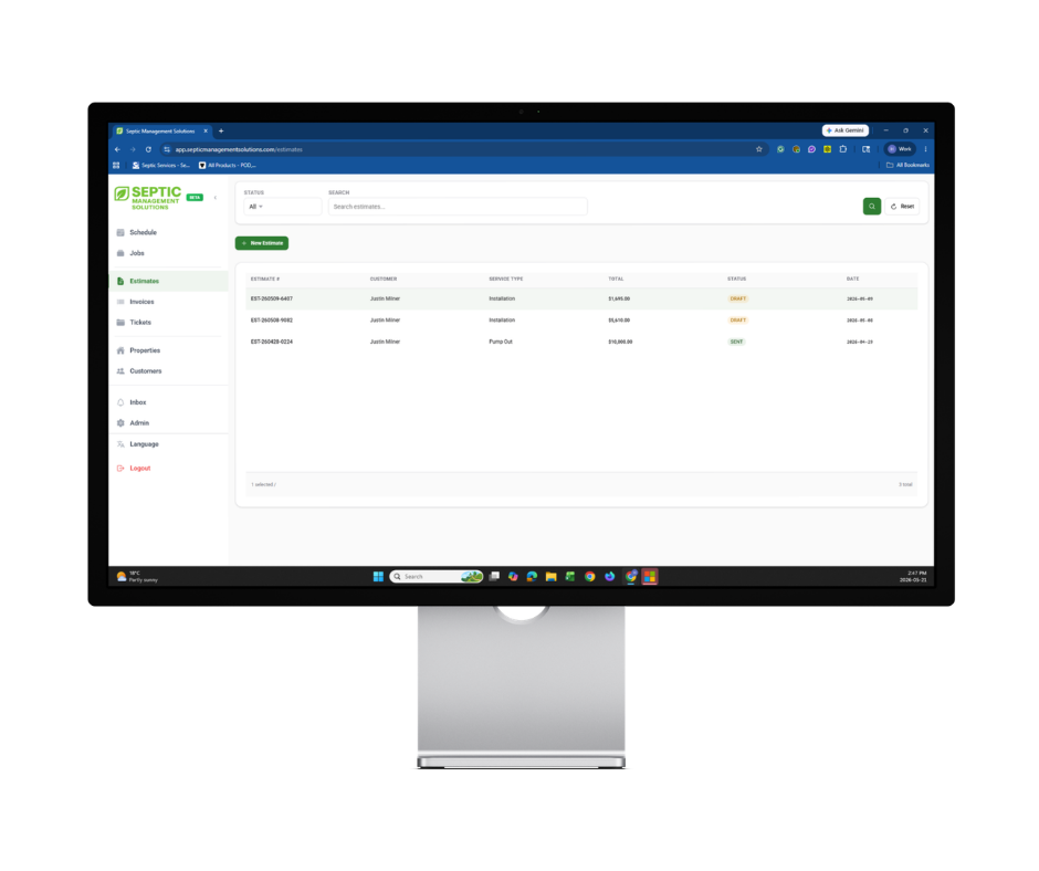 Septic Business software screenshot