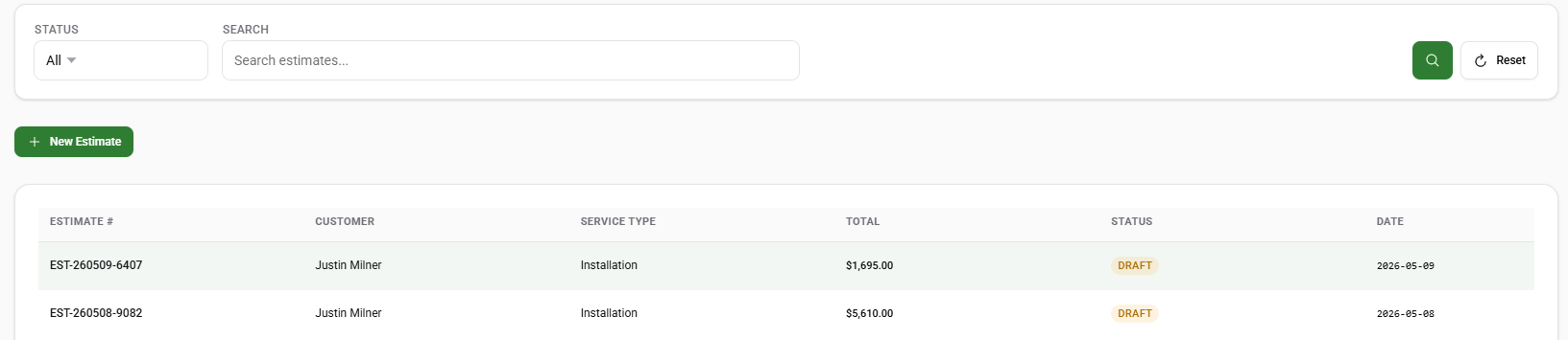 Estimate tool list view