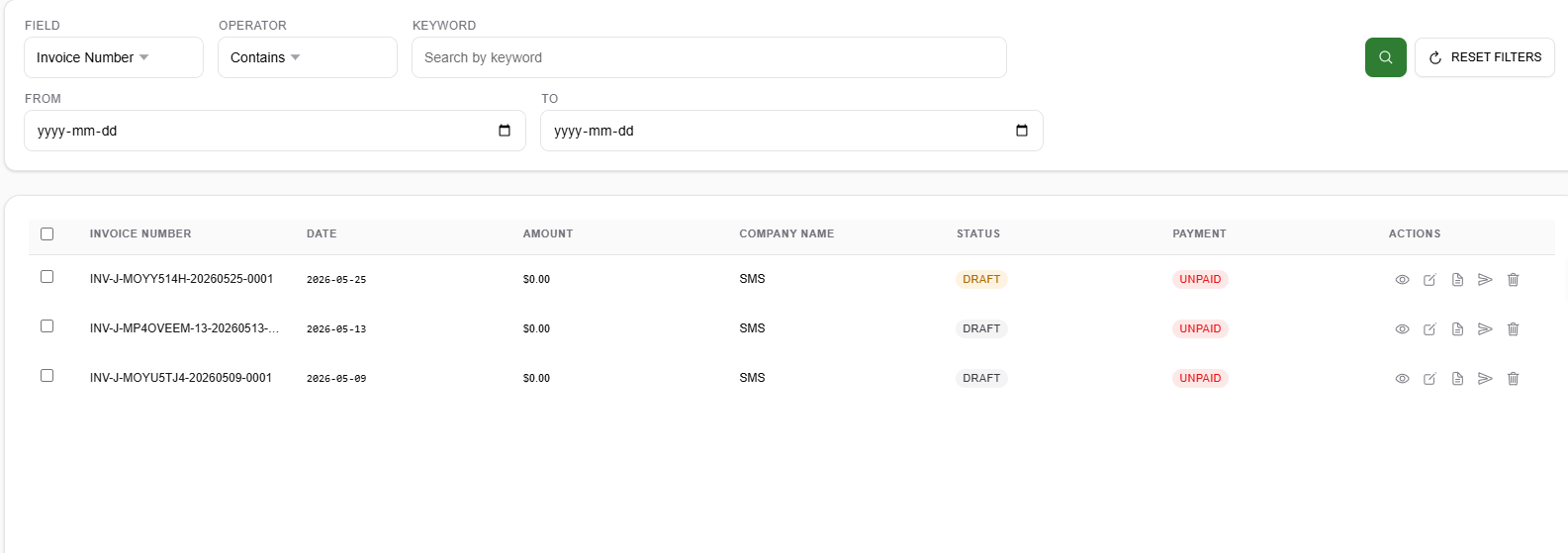Septic invoicing software screenshot
