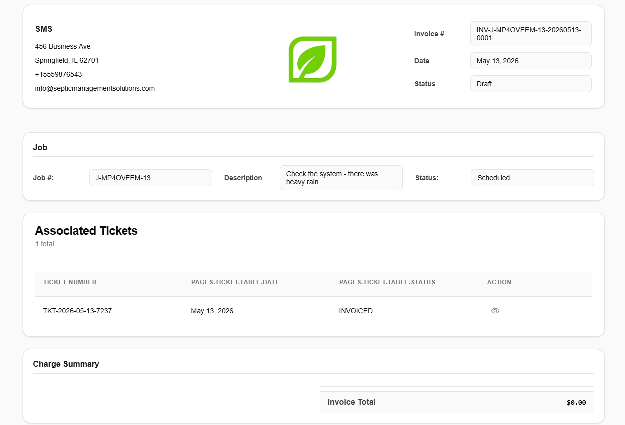 Septic invoicing software screenshot