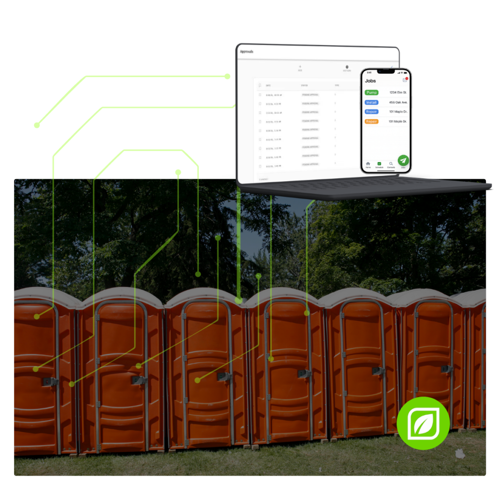 Porta Potties with a computer showing a dashboard